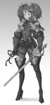  1girl armor boots breastplate breasts gloves high_heels kilart monochrome original pauldrons rapier short_hair short_twintails solo sword thigh_boots thighhighs twintails weapon 
