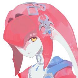  1girl a15179222 champion&#039;s_tunic_(zelda) closed_mouth colored_skin fins fish_girl gills hair_ornament head_tail highres jewelry looking_at_viewer mipha monster_girl multicolored_skin portrait red_skin simple_background smile solo the_legend_of_zelda the_legend_of_zelda:_breath_of_the_wild upper_body white_background yellow_eyes zora 