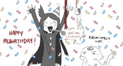  1girl 2boys :d ^_^ anniversary birthday black_tail body_fur celebration closed_eyes confetti ember_(jejejunum) english_text gem grey_gem hanged hanging happy happy_birthday hat jejejunum long_hair monster_boy multiple_boys original party_hat pest_(jejejunum) rope secret_(jejejunum) smile tail third_eye_on_chest white_fur 