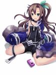  1girl belt bodysuit brown_hair cellphone choker choujigen_game_neptune coat collarbone green_eyes hair_ribbon highres if_(choujigen_game_neptune) long_hair lu_hao_liang official_art open_mouth phone ribbon side_ponytail sitting solo very_long_hair wariza 