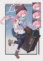  1girl absurdres alternate_costume animal_ear_headwear bag beanie black_hat black_pantyhose black_skirt blue_archive blue_background blue_eyes blue_scarf blush boots border brown_bag brown_boots closed_eyes commentary_request crossed_bangs fang full_body fur-trimmed_boots fur_trim gradient_background grey_background guanhuvu hair_between_eyes halo hat heterochromia highres hoshino_(blue_archive) jacket kagamihara_nadeshiko long_hair long_sleeves looking_at_viewer open_mouth pantyhose pink_halo pleated_skirt pom_pom_footwear scarf shima_rin shoulder_bag skin_fang skirt smile suitcase very_long_hair white_border white_jacket yellow_eyes yurucamp 