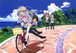  2boys 2girls absurdres ahoge bicycle black_legwear blonde_hair blue_eyes blush braid brown_hair cthugha_(nyaruko-san) green_eyes haiyore!_nyaruko-san hastur_(nyaruko-san) highres long_hair multiple_boys multiple_girls necktie nyarlathotep_(nyaruko-san) official_art red_eyes red_hair school_uniform short_hair silver_hair thighhighs twintails water white_legwear wink yasaka_mahiro 