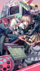  1girl :d absurdres black_jacket black_thighhighs blush bow brown_hair brown_skirt controller danganronpa_(series) danganronpa_2:_goodbye_despair ear_bow frilled_skirt frills galaga game_controller highres holding holding_controller holding_game_controller jacket medium_hair nanami_chiaki open_clothes open_jacket pink_bow pink_eyes pink_shoes pink_skirt pleated_skirt shoes skirt smile spaceship_hair_ornament thigh-highs usami_(danganronpa) wings xing_mao_yin_(ksyd4458) 