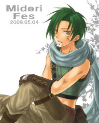  1boy 2009 bare_shoulders brown_pants dated fingerless_gloves fire_emblem fire_emblem:_radiant_dawn flower flower_in_mouth gloves green_hair green_vest hand_on_own_knee kiyuu looking_at_viewer lowres pants shirt sitting sleeveless sleeveless_shirt solo sothe_(fire_emblem) vest yellow_eyes 