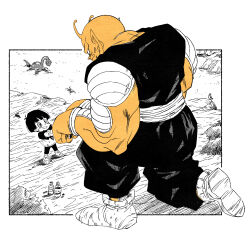  1boy 1girl antennae artist_name blush_stickers child colored_skin dougi dragon_ball dragon_ball_super dragon_ball_super_super_hero fenyon fist_bump gloves grin highres kneeling lake limited_palette orange_piccolo orange_skin outdoors pan_(dragon_ball) piccolo pointy_ears sash shirt short_hair size_difference smile standing t-shirt very_short_hair 