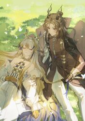 1boy 1girl absurdres antlers arknights bare_shoulders blonde_hair brown_hair brown_robe chinese_commentary closed_eyes closed_mouth colored_extremities commentary_request day dragon_girl dragon_horns earrings grass grey_hair hair_between_eyes hair_intakes hand_on_own_stomach highres holding_another&#039;s_hair horns jacket jewelry ji_(arknights) long_hair long_sleeves looking_at_another lying mole mole_under_eye multicolored_hair nanxing_buye necklace off_shoulder on_back on_grass on_ground outdoors pants plant pointy_ears purple_hair robe shu_(arknights) sitting smile strapless streaked_hair sunlight tube_top very_long_hair white_jacket white_pants white_tube_top yellow_eyes 