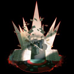  1other absurdres assault_rifle black_background black_necktie black_suit black_vest chance_(forsaken) collared_shirt facing_viewer fedora flxphlx flying_paper forsaken_(roblox) full_body grin gun hand_on_knees hat highres holding holding_gun holding_weapon knee_up leaning_back necktie outline painterly paper pile_of_money red_outline rifle roblox scenery shirt sitting smile solo suit sunglasses throne vest weapon white_shirt window_light 