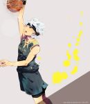  1boy basketball basketball_hoop basketball_uniform copyright_name headband ibuki_munemasa inazuma_eleven_(series) inazuma_eleven_go inazuma_eleven_go_galaxy kusa_chuu male open_mouth short_hair solo sportswear white_hair 