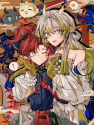  1boy 1girl :d ? absurdres arknights bare_shoulders beads black_hair black_shirt blonde_hair blue_hair brother_and_sister chinese_commentary closed_mouth colored_extremities commentary_request dragon_bubble_(arknights) dragon_girl dragon_horns earrings grey_eyes grey_hair grey_jacket hair_between_eyes hair_intakes hand_on_another&#039;s_ear highres horns jacket jewelry long_hair long_sleeves looking_at_viewer multicolored_hair ni_ju_lun off_shoulder one_eye_closed open_mouth pointy_ears pouch red_hair shirt shu_(arknights) siblings smile spoken_flower spoken_question_mark yu_(arknights) 