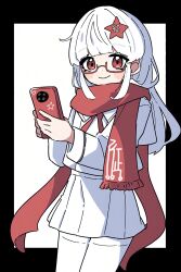  1girl blush cellphone china hearts_of_iron highres holding holding_phone long_hair long_sleeves phone red_eyes red_scarf scarf school_uniform serafuku shirt skirt smartphone smile solo star_(symbol) the_fire_rises the_long_march_(tfr) user_ajna4272 white_hair white_shirt white_skirt 