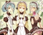  3boys afuro_terumi androgynous blonde_hair blue_hair crossdressinging dated dress eyepatch flower hair_over_one_eye heart inazuma_eleven inazuma_eleven_(series) junekun kazemaru_ichirouta long_hair male multiple_boys open_mouth panties pantyshot red_eyes sakuma_jirou trap tray underwear upskirt yellow_eyes 