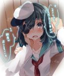  1girl black_hair blush bust eyepatch hand_on_another&#039;s_cheek hand_on_another&#039;s_face hat kantai_collection kiso_(kantai_collection) long_hair neckerchief nochita_shin open_mouth sailor_hat solo_focus translation_request 