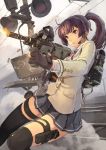  1girl artist_request assault_rifle backpack bag black_legwear blazer brown_eyes brown_hair bullpup fingerless_gloves gloves gun headset holster long_hair original pleated_skirt ponytail railroad_signal rifle school_uniform shell_casing skirt solo steyr_aug thigh_holster thighhighs weapon zettai_ryouiki 