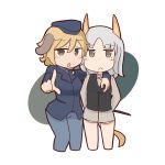  2girls animal_ears arm_around_neck arms_behind_back blonde_hair blush_stickers chibi dog_ears edytha_rossmann erua flat_gaze fox_ears fox_tail grey_eyes grey_hair hat jacket looking_at_viewer military military_uniform multiple_girls open_mouth pantyhose pointing short_hair strike_witches tail uniform vest waltrud_krupinski white_background 