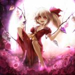  1girl ascot blonde_hair dress flandre_scarlet flower glowing glowing_eyes hair_ribbon looking_at_viewer no_hat open_mouth petals pink_rose puffy_sleeves red_dress red_eyes ribbon rose short_sleeves side_ponytail smile solo suika01 torn_clothes torn_dress touhou wings 