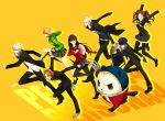  4boys 4girls amagi_yukiko androgynous black_hair blonde_hair blue_eyes blue_hair brown_eyes brown_hair cabbie_hat chair claws earrings everyone fan folding_chair grey_eyes grey_hair gun hairband hanamura_yousuke hat headphones highres jacket jewelry jumping katana kujikawa_rise kuma_(persona_4) kunai long_hair multiple_boys multiple_girls narukami_yuu necklace pantyhose paper_fan persona persona_4 red_eyes redhead reverse_trap revolver saeuchobab satonaka_chie scar school_uniform shirogane_naoto short_hair skirt smile sword tatsumi_kanji thigh-highs track_jacket twintails weapon zettai_ryouiki 