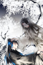  2boys arm_behind_back black_hair black_hanfu black_robe blindfold blue_hair chinese_clothes chinese_commentary closed_eyes closed_mouth covered_eyes curtained_hair facing_another feet_out_of_frame hair_between_eyes hanfu headpat in_tree long_hair long_sleeves male_focus modao_zushi multicolored_hair multiple_boys parted_bangs ponytail robe see-through_body sitting sitting_in_tree sleeping standing streaked_hair tree white_hanfu white_robe wide_sleeves xiao_xiao_zuowen xiao_xingchen xue_yang 