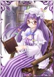  1girl bespectacled book bookshelf bow candle crescent glasses hair_bow hat highres long_hair patchouli_knowledge purple_hair sinnosuke sitting smile solo touhou violet_eyes 