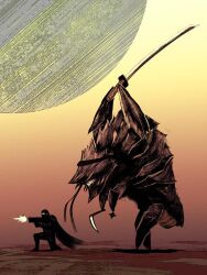  1boy alien armor assault_rifle bandana bullpup cape charger_(helldivers) firing gun helldiver_(helldivers) helldivers_(series) helmet highres katana male_focus ninja on_one_knee orange_background paint_capsule rifle sharp_teeth shuriken sickle size_difference sneaking sword teeth weapon 