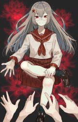  1girl black_socks breasts brown_shoes china eyewear_on_head flat_chest flower hearts_of_iron highres kougekiryoku long_hair long_sleeves outstretched_arms red_eyes red_skirt sailor_collar school_uniform serafuku shirt shoes skirt small_breasts socks solo star_(symbol) the_fire_rises the_long_march_(tfr) white_hair 