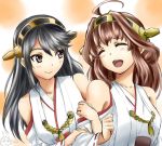  ! 2girls ahoge bare_shoulders black_hair brown_hair closed_eyes detached_sleeves glasses hair_ornament hairband haruna_(kantai_collection) headgear hisatyu japanese_clothes kantai_collection kongou_(kantai_collection) long_hair multiple_girls open_mouth personification smile 