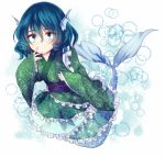  1girl blue_eyes blue_hair fish_tail head_fins japanese_clothes kimono mermaid monster_girl solo touhou uranaishi_(miraura) wakasagihime wide_sleeves 