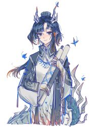  1girl aaa_shenmi_zuo_fan_ren absurdres arknights black_eyes black_hair black_robe chinese_clothes chinese_commentary closed_mouth colored_extremities commentary_request cropped_legs dress earrings facial_mark hair_intakes highres holding holding_scroll horns jewelry jie_(arknights) light_smile long_hair long_sleeves multicolored_hair open_clothes open_robe orange_hair pointy_ears robe scroll simple_background solo standing streaked_hair tail white_background white_dress wide_sleeves 