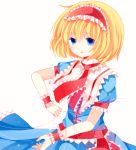  1girl alice_margatroid blonde_hair blue_eyes capelet dress hairband jewelry light_particles lolita_hairband looking_at_viewer moseley parted_lips puppet_strings ribbon ring sash short_hair short_sleeves simple_background solo touhou white_background wrist_cuffs 
