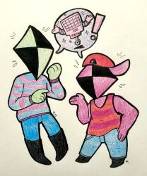 2020 2boys 2d baseball_cap black_boots blue_pants blue_sweater boots commentary diamond_boy_1 diamond_boy_2 duo english_commentary full_body gloves green_skin hat highres male male_focus male_only mellowmysticetus mettaton mettaton_(box) multiple_boys non-humanoid_robot orange_tank_top pants pink_stripes red_hat red_skin red_stripes robot robot_boy simple_background spoken_character standing striped_clothes striped_sweater striped_tank_top sweater tank_top traditional_media undertale utdr_(toby_fox) wheel white_background white_gloves