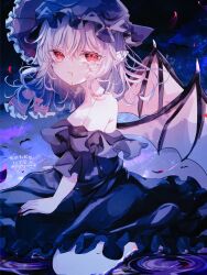  1girl artist_name bare_shoulders bat_wings blood blood_from_mouth blood_on_face dress frilled_hat frilled_ribbon frills hair_between_eyes hat hat_ribbon highres medium_hair mob_cap nail_polish no_bra osyorasyora pink_hair pleated_skirt pointy_ears purple_dress purple_hat red_eyes red_nails red_ribbon remilia_scarlet ribbon skirt solo touhou twitter_username wings 