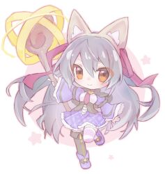  1girl animal_ear_hairband animal_ears black_thighhighs boots cat_ear_hairband cat_ears chibi dress emil_chronicle_online fake_animal_ears hair_ribbon hairband holding holding_staff long_hair purple_boots purple_dress red_ribbon ribbon staff standing standing_on_one_leg striped_clothes striped_thighhighs syugoma_kanade thigh-highs two-tone_dress yellow_eyes yusa_yuyu 