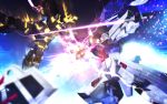  ayatudura battle freedom_gundam glowing gundam gundam_seed gundam_unicorn highres mecha no_humans shield sparks unicorn_gundam_banshee 