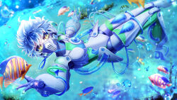  1boy absurdres air_bubble android blue_hair blurry blurry_background bokeh bubble commentary depth_of_field english_commentary fiery_hair fish frutiger_aero highres joints lycoristyx male_focus mask ocean ortho_shroud respirator robot_joints short_hair solo twisted_wonderland underwater yellow_eyes 