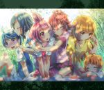  2boys 4girls :d aida_mana alternate_costume alternate_hairstyle blue_eyes blue_hair blush closed_eyes dokidoki!_precure hair_down half_updo highres hishikawa_rikka hug hug_from_behind humanization inoshishi_(ikatomo) long_hair multiple_boys multiple_girls open_mouth orange_eyes orange_hair pink_eyes pink_hair precure rakeru_(dokidoki!_precure) rance_(dokidoki!_precure) sharuru_(dokidoki!_precure) short_hair sitting smile sunlight tree wariza wavy_mouth yotsuba_alice 