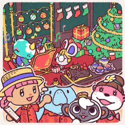  2boys 4girls animal_crossing animal_crossing:_new_horizons aqua_skin aqua_tail azalea_(animal_crossing) beamed_eighth_notes belt black_belt black_eyes black_tank_top blonde_hair blue_sleeves blue_sweater blunt_bangs boater_hat border box bracelet braid braided_hair_rings cake candy_cane_ornament christmas christmas_lights christmas_ornaments christmas_stocking christmas_sweater christmas_tree clipboard closed_eyes coat collared_shirt colored_inner_animal_ears colored_skin commentary_request cup elephant_girl eyelashes eyeshadow fireplace floral_print food freckles fruit gift gift_box glasses hair_bun hair_rings hat hawaiian_shirt hibiscus_print holding holding_box holding_clipboard holding_gift horns house_print indoors jewelry lipstick long_sleeves looking_up lottie_(animal_crossing) low-tied_hair_ring makeup manatee_girl mini_hat monkey monkey_boy mouse_girl multiple_boys multiple_girls mushroom musical_note niko_(animal_crossing) nintendo nostrils official_art open_mouth otter otter_girl outline petri_(animal_crossing) pink_eyeshadow pink_fur print_shirt print_sleeves print_sweater quarter_note red_coat red_lips red_nose red_shirt red_sleeves round_box round_eyewear santa_costume second-party_source shirt short_sleeves single_horn speech_bubble star_ornament strawberry sweater tan tank_top tea teacup teapot thought_bubble tilted_headwear topknot tray tree_print two-tone_fur villager_(animal_crossing) wardell_(animal_crossing) white_border white_fur white_outline yellow_horns yule_log_(cake) 