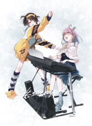  2girls :d ;d absurdres animal_hairband animal_slippers black_socks blue_dress blue_eyes blue_hair blush bra bra_peek brown_hair candy_hair_ornament cape commentary_request commission crown dancing dancing_subaru_duck_(meme) dress duck_slippers eye_contact food-themed_hair_ornament full_body fur-trimmed_cape fur_trim gradient_clothes gradient_dress gradient_hair green_eyes grey_shoes grey_socks hair_ornament hairband hairclip heterochromia highres himemori_luna himemori_luna_(sundress) hololive hood hooded_jacket instrument jacket keyboard_(instrument) looking_at_another loose_socks mary_janes meme mini_crown multicolored_hair multicolored_jacket multiple_girls music official_alternate_costume official_alternate_hairstyle one_eye_closed oozora_subaru oozora_subaru_(loungewear) open_mouth piano pink_hair playing_instrument playing_piano pointed_crown print_dress sample_watermark sanchishima shoes short_dress short_hair silver_crown skeb_commission slippers smile socks star_button starry_sky_print striped_clothes striped_socks swept_bangs two_side_up underwear violet_eyes virtual_youtuber watermark white_cape white_jacket yellow_hairband yellow_jacket 
