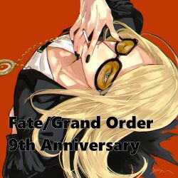  1boy anniversary arm_up black-framed_eyewear black_coat black_nails blonde_hair blue_eyes cigarette coat collarbone commentary_request english_text eyes_visible_through_eyewear fate/grand_order fate_(series) fingernails glasses highres holding holding_cigarette jewelry leaning_back long_hair looking_at_viewer male_focus necklace nervlish one_eye_closed orange-tinted_eyewear parted_bangs red_background shirt simple_background smoking solo tezcatlipoca_(fate) tinted_eyewear upper_body white_shirt 