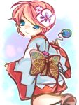  1girl adapted_costume ahoge blue_eyes final_fantasy flower hair_flower hair_ornament hall_jion japanese_clothes kimono obi pink_hair short_hair solo water_balloon white_mage wide_sleeves 