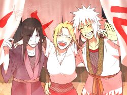  1girl 2boys arms_around_neck asukachan_to_ryotakun black_hair black_kimono blonde_hair blush closed_eyes colored_skin eyes_visible_through_hair facing_viewer hair_over_one_eye japanese_clothes jiraiya_(naruto) kimono long_hair long_sleeves multiple_boys naruto_(classic) naruto_(series) open_mouth orochimaru_(naruto) signature smile sweatdrop teeth tsunade_(naruto) white_hair white_kimono white_skin wide_sleeves yellow_eyes 