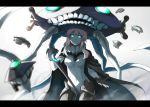  1girl aqua_eyes cape contrapposto emerane gloves glowing glowing_eyes kantai_collection letterboxed looking_at_viewer monster pale_skin personification shinkaisei-kan solo staff teeth weapon wo-class_(kantai_collection) 