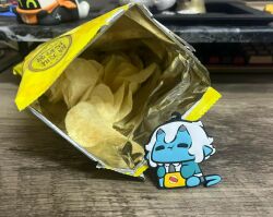 1girl eating oni oni_horns potato_chips real_life_insert short_hair soukaku_(zenless_zone_zero) superappleman zenless_zone_zero