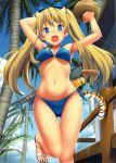  1girl :d absurdres armpits arms_up bikini blonde_hair blue_bikini blue_eyes bow breasts cleavage coconut fang female from_below hair_bow highres leg_up long_hair navel open_mouth original palm_tree sandals scan side-tie_bikini smile solo swimsuit takayaki thigh_gap toenail_polish tree twintails underboob water_gun 