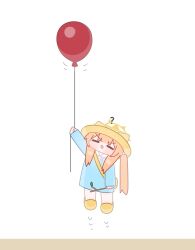  1girl ? absurdres animal_ears balloon blue_archive blue_dress blush chibi closed_eyes commentary_request dress full_body halo hat highres holding holding_balloon horuhara kindergarten_uniform korean_commentary long_hair long_sleeves mari_(blue_archive) motion_lines neck_ribbon no_nose orange_hair ribbon school_hat sleeves_past_wrists solo tongue tongue_out twig very_long_hair white_ribbon yellow_halo yellow_hat 