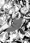  absurdres family giorno_giovanna greyscale hat higashikata_jousuke higashikata_jousuke_(jojolion) highres johnny_joestar jojo_no_kimyou_na_bouken jojolion jonathan_joestar joseph_joestar_(young) kuujou_jolyne kuujou_joutarou monochrome pointing teiger 