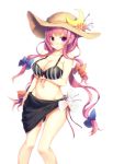  1girl :o bikini blush bow breast_hold breasts cleavage crescent_moon flower hair_bow hat large_breasts moon mound_of_venus navel patchouli_knowledge purple_hair quad_tails sarong snowcanvas solo striped striped_bikini striped_swimsuit swimsuit touhou violet_eyes 