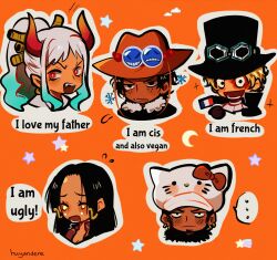  2girls 3boys absurdres aqua_hair artist_name black_hat blonde_hair blush boa_hancock coat commentary crying earrings english_commentary english_text facial_hair freckles french_flag fur-trimmed_coat fur_trim goatee goggles goggles_on_headwear hair_ornament hat highres horns huyandere jewelry long_hair multicolored_hair multiple_boys multiple_girls one_piece orange_background orange_hat ponytail portgas_d._ace sabo_(one_piece) scar scar_on_face sidelocks snake_earrings tears trafalgar_law two-tone_hair white_hair yamato_(one_piece) 