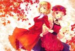  2girls aki_minoriko aki_shizuha autumn_leaves blonde_hair dress food fruit grapes locked_arms multiple_girls open_mouth red_eyes remirya_koumakan short_hair skirt smile touhou wink yellow_eyes 