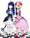  2girls black_gloves blonde_hair blue_hair bow cat_tail checkered checkered_floor dress elbow_gloves fang frederica_bernkastel gloves hand_to_own_mouth hat kneehighs lambdadelta long_sleeves mary_janes multiple_girls open_mouth red_eyes shoes short_sleeves smile striped striped_legwear tail towa1 umineko_no_naku_koro_ni violet_eyes white_legwear 