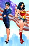  1girl bare_shoulders black_hair blue_eyes boots bracelet breasts dc_comics dual_persona hand_on_hip jewelry kim_intae leotard lips long_hair military military_uniform superhero tiara uniform wonder_woman wonder_woman_(series) 