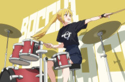  1girl ahoge alternate_hairstyle black_shirt blonde_hair blue_skirt bocchi_the_rock! choppy_bangs commentary_request copyright_name cymbals drum drum_set drumsticks feet_out_of_frame highres holding holding_drumsticks ijichi_nijika instrument long_hair miniskirt on_stool open_mouth outstretched_arm pencil_skirt pointing ponytail print_shirt red_eyes shadow shirt shirt_tucked_in short_sleeves sitting skirt smile t-shirt text_background washu_junkyu wristband yellow_background 
